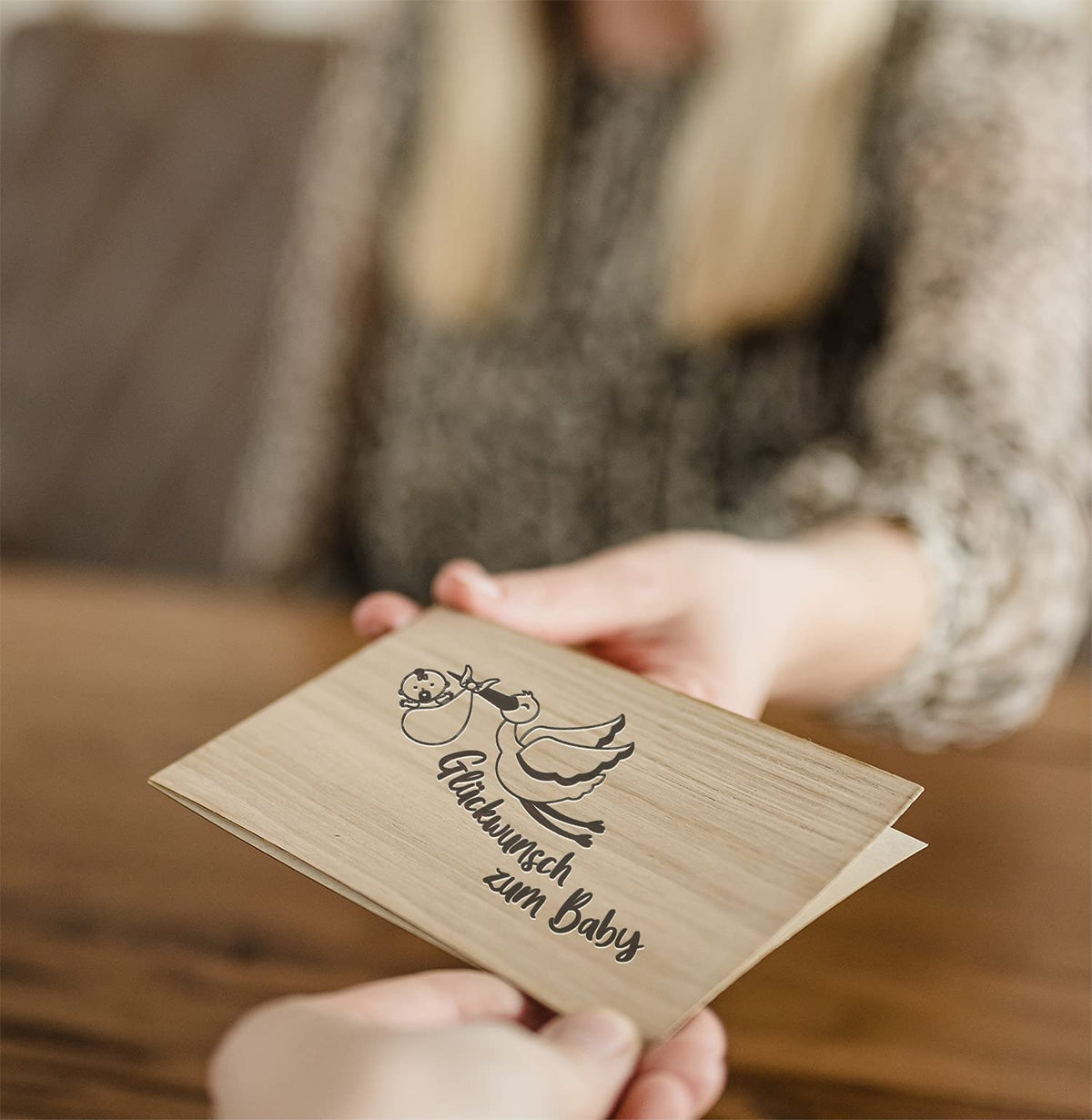 Holzkarte - Glückwunsch zum Baby Storch - 100% handmade in Österreich - Postkarte, Geschenkkarte, Grußkarte, Klappkarte, Karte, Einladung
