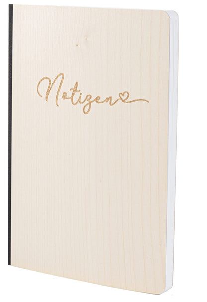 Notizbuch mit Holz Cover in A5 - NOTIZEN - Echtholz Notebook zum Reinschreiben Holzeinband 192 blanko Seiten 90g