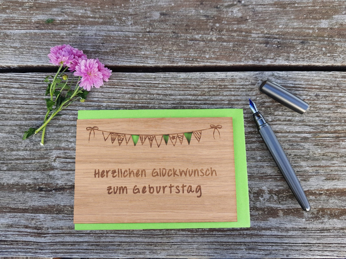 Holzgrußkarte - Geburtstagskarte - 100% handmade in Österreich - Postkarte Glückwunschkarte Geschenkkarte Grußkarte Klappkarte Karte Einladung, Motiv:HERZLICHEN GLÜCKWUNSCH ZUM GEBURTSTAG