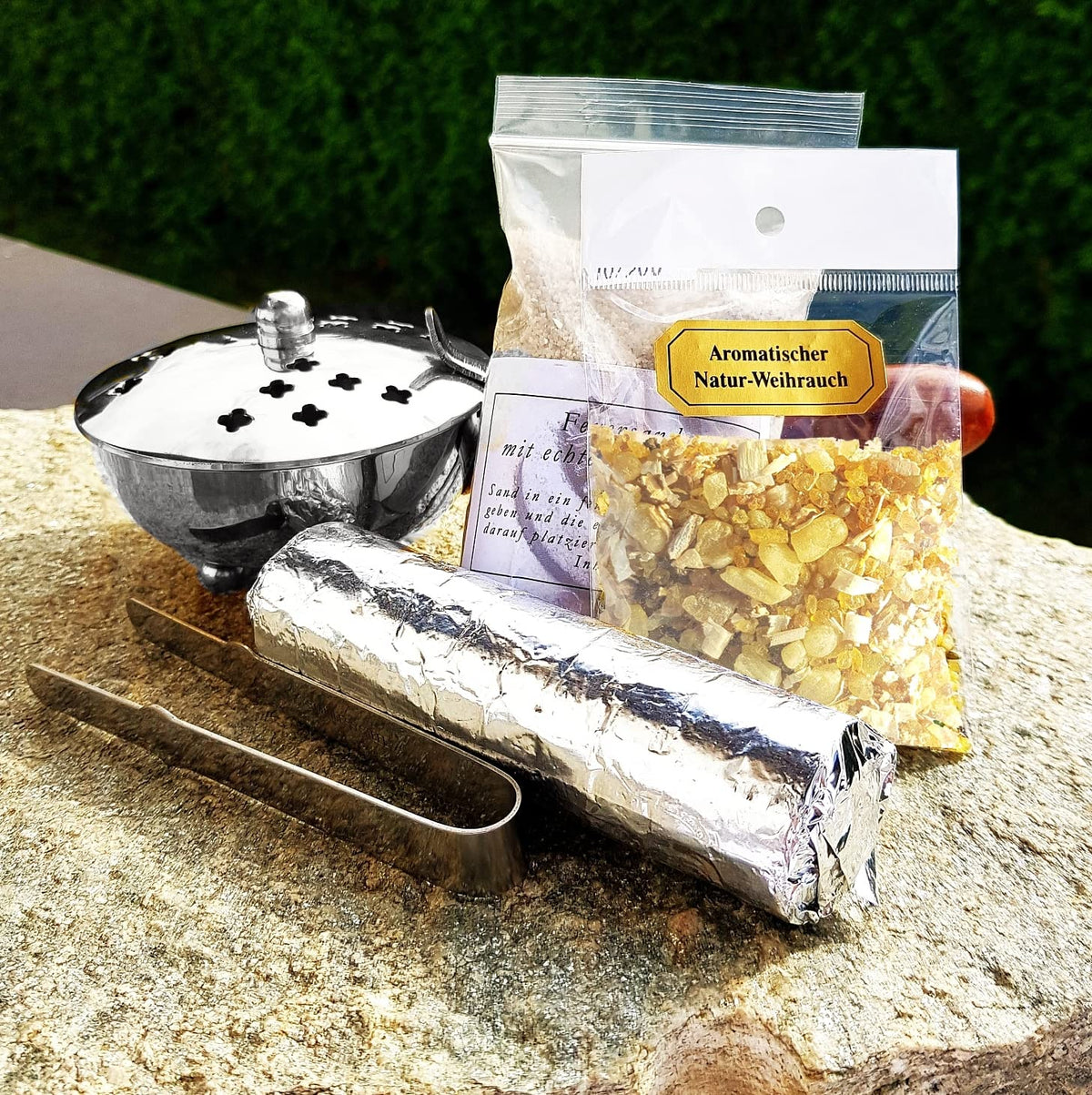 Räucherpfanne Set 5 teilig Räuchergefäß zum Räuchern von Weihrauch, Harzen, inkl. Weihrauch, Räucherkohle, Räuchersand, Räucherzange