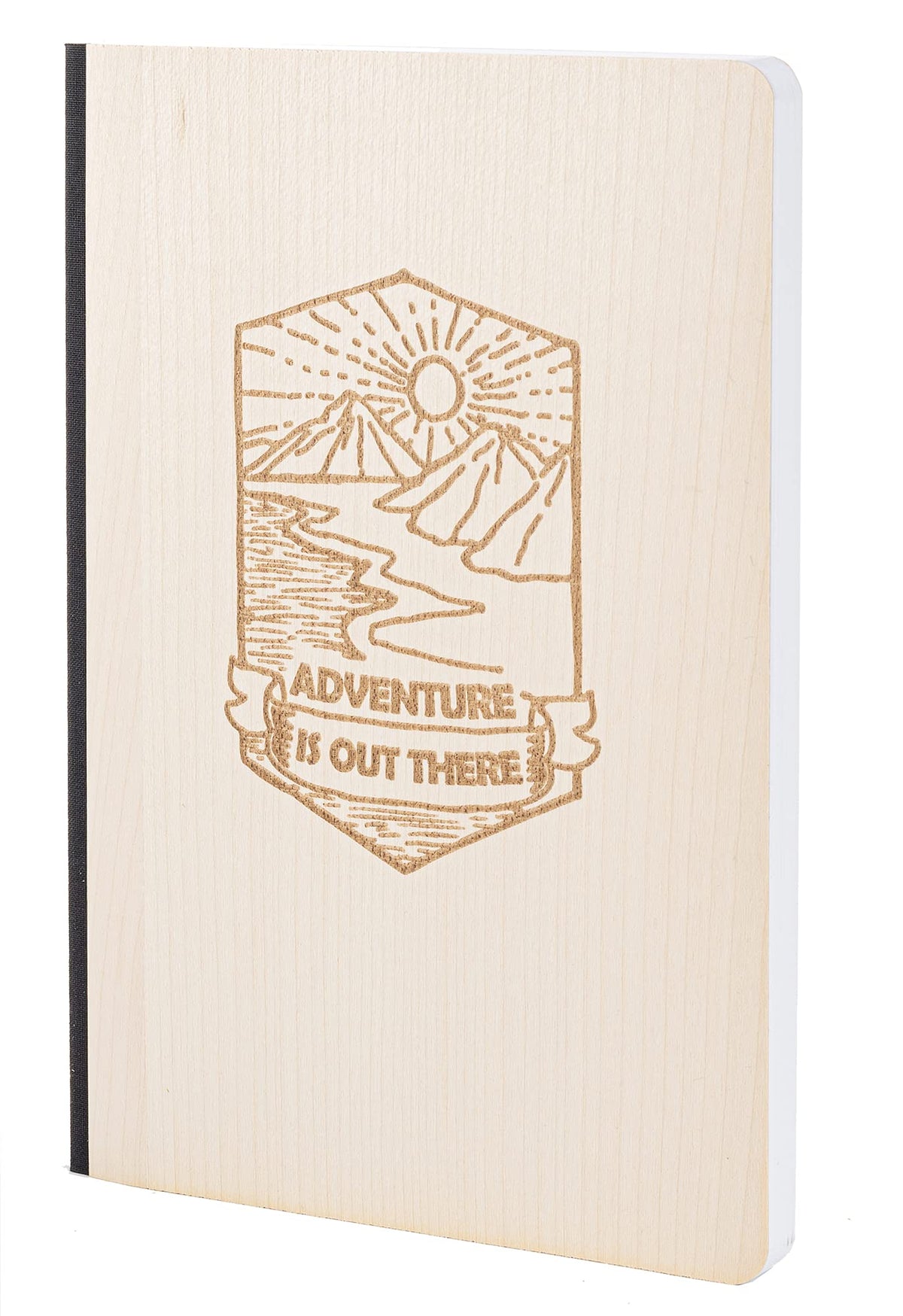 Notizbuch mit Holz Cover in A5 - ADVENTURE IS OUT THERE - Echtholz Notebook zum Reinschreiben Holzeinband 192 blanko Seiten 90g