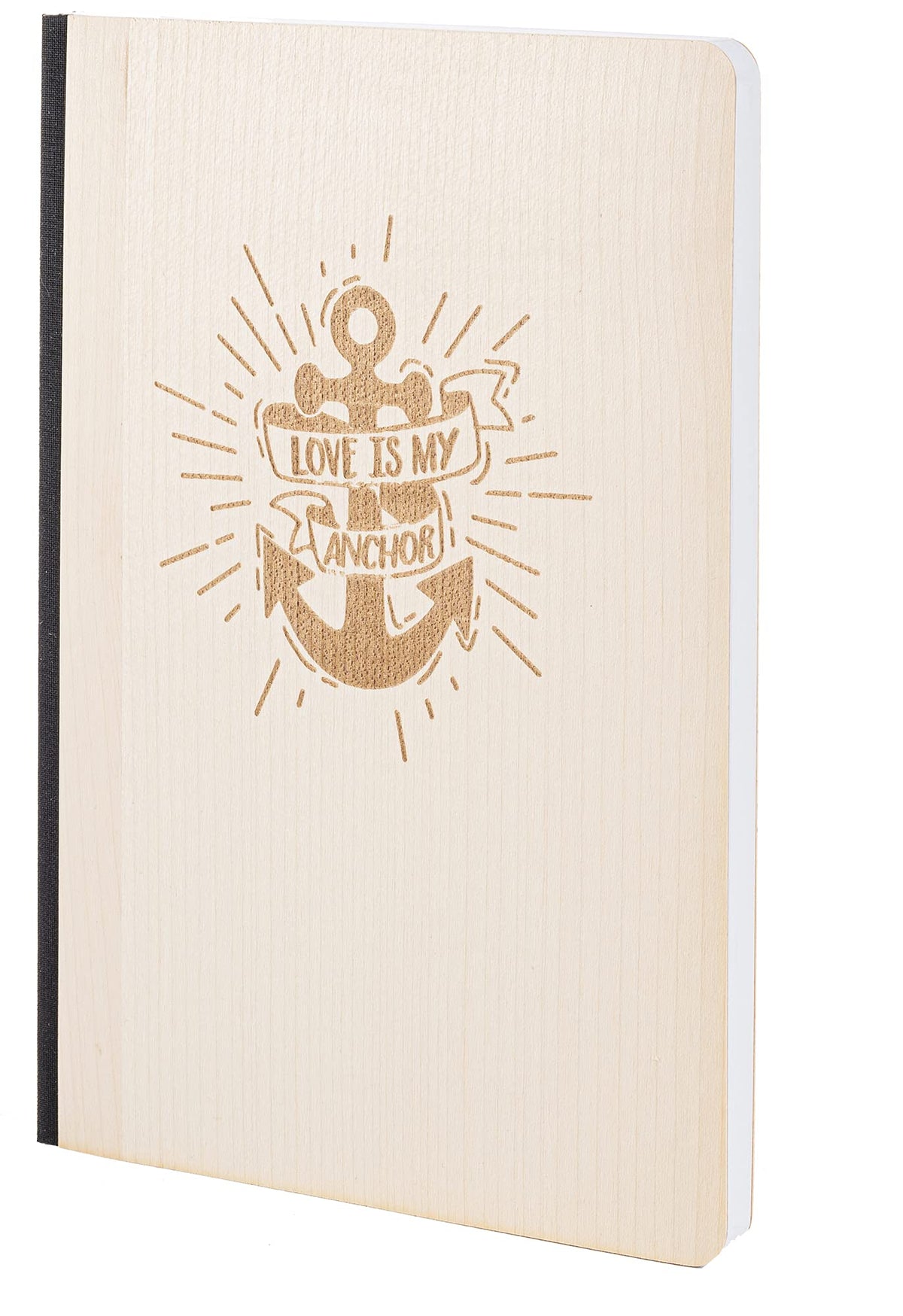 Notizbuch mit Holz Cover in A5 - LOVE IS MY ANCHOR - Echtholz Notebook zum Reinschreiben Holzeinband 192 blanko Seiten 90g