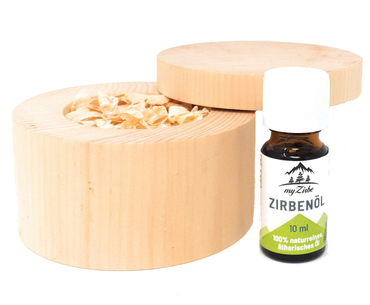 Zirben Duftset mit Zirbeholz Schale verschließbar, Zirbenspänen aus Zirbenholz und 10ml Zirbenöl
