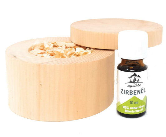 Zirben Duftset mit Zirbeholz Schale verschließbar, Zirbenspänen aus Zirbenholz und 10ml Zirbenöl