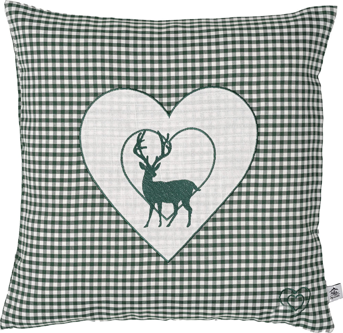 Zirbenkissen Bestickt mit Hirsch und Herz grün karriert Größe 40x40 cm befüllt mit Zirbenflocken aus Zirbenholz