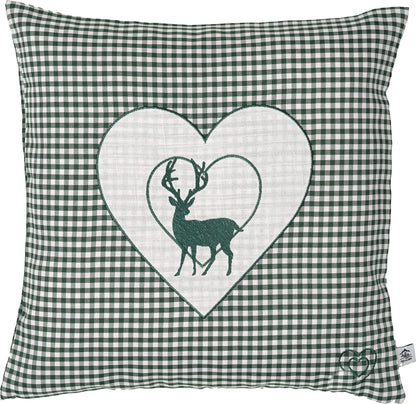 Zirbenkissen Bestickt mit Hirsch und Herz grün karriert Größe 40x40 cm befüllt mit Zirbenflocken aus Zirbenholz