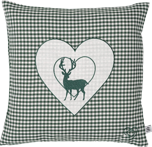Zirbenkissen Bestickt mit Hirsch und Herz grün karriert Größe 40x40 cm befüllt mit Zirbenflocken aus Zirbenholz