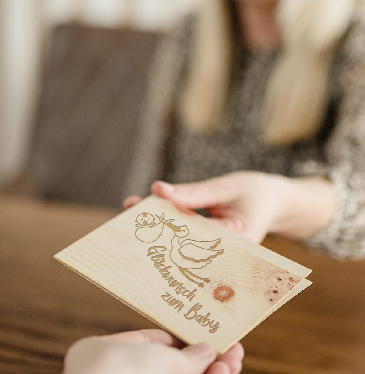 Holzkarte - Glückwunsch zum Baby Storch - 100% handmade in Österreich - Postkarte, Geschenkkarte, Grußkarte, Klappkarte, Karte, Einladung