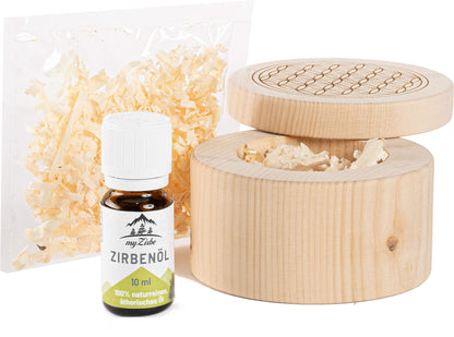 Zirbenschale verschließbar graviert mit der Blume des Lebens inkl 10ml Zirbenöl - Zirbendose aus Zirbeholz Schale mit Zirbenspänen gefüllt