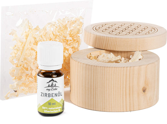 Zirbenschale verschließbar graviert mit der Blume des Lebens inkl 10ml Zirbenöl - Zirbendose aus Zirbeholz Schale mit Zirbenspänen gefüllt