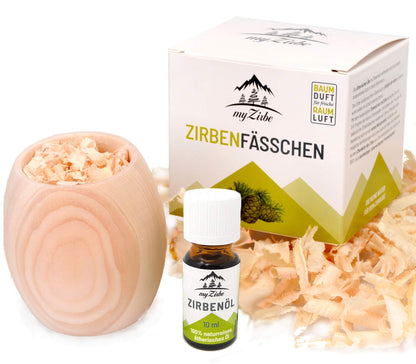 Zirbenfässchen - Zirbenholz Duftset mit Zirbenöl und Zirbenspänen in Geschenkverpackung die Alternative zum Zirbenwürfel