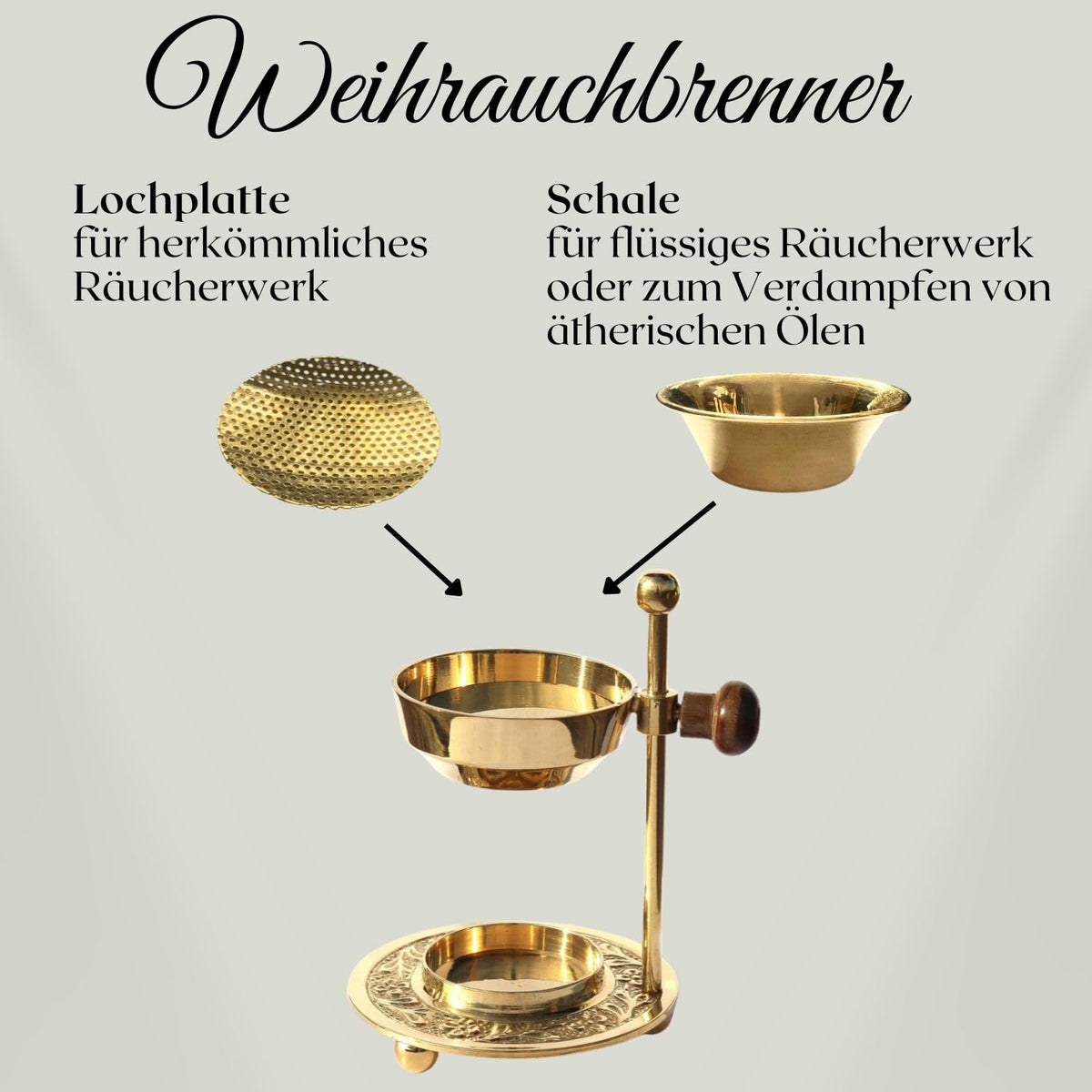 Weihrauchbrenner verstellbar - Räuchergefäß höhenverstellbar zum Räuchern von Weihrauch oder Harzen mit Räuchersieb und Schale