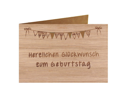 Holzgrußkarte - Geburtstagskarte - 100% handmade in Österreich - Postkarte Glückwunschkarte Geschenkkarte Grußkarte Klappkarte Karte Einladung, Motiv:HERZLICHEN GLÜCKWUNSCH ZUM GEBURTSTAG