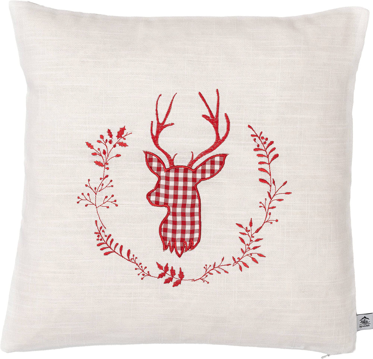 Zirbenkissen beige Bestickt mit Hirsch Größe 40x40 cm befüllt mit Zirbenflocken aus Zirbenholz
