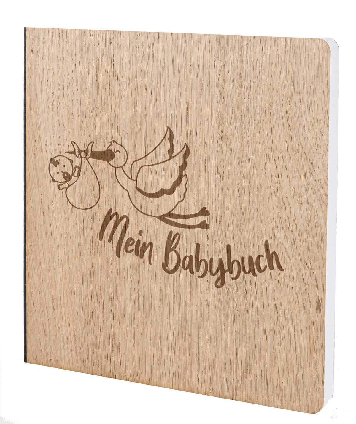 Babybuch mit edlem Echtholz Cover MEIN BABYBUCH STORCH in der Größe 20 x 20cm 192 beschreibbare Seiten hochwertiges Papier