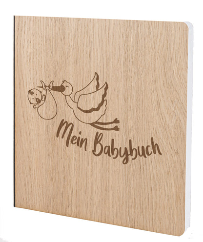 Babybuch mit edlem Echtholz Cover MEIN BABYBUCH STORCH in der Größe 20 x 20cm 192 beschreibbare Seiten hochwertiges Papier