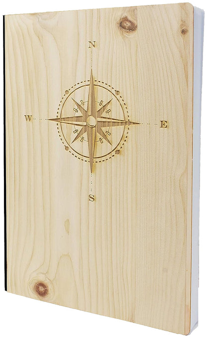 Notizbuch mit Holz Cover in A5 - KOMPASS - Echtholz Notebook zum Reinschreiben Zirbenholz Holzeinband 192 blanko Seiten 90g