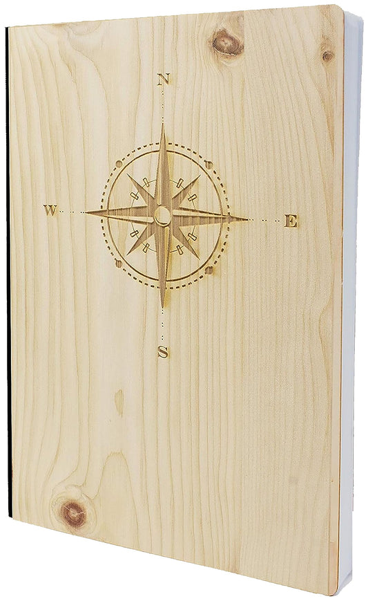Notizbuch mit Holz Cover in A5 - KOMPASS - Echtholz Notebook zum Reinschreiben Zirbenholz Holzeinband 192 blanko Seiten 90g