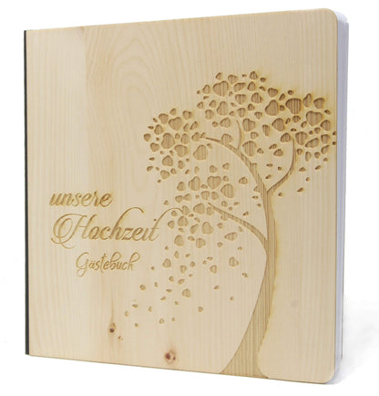 Hochzeit Gästebuch mit edlem Echtholz Zirbenholz Cover in der Größe 20 x 20cm 192 beschreibbare Seiten hochwertiges 120g Papier