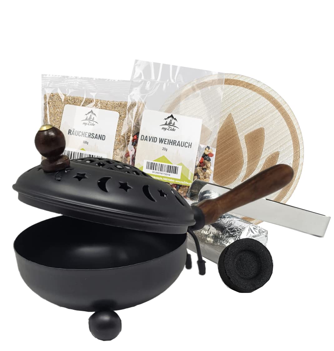 Räucherpfanne Set 6 teilig - Räuchergefäß zum Räuchern von Weihrauch, Harzen, inkl. Weihrauch, Räucherkohle, Räuchersand, Räucherzange