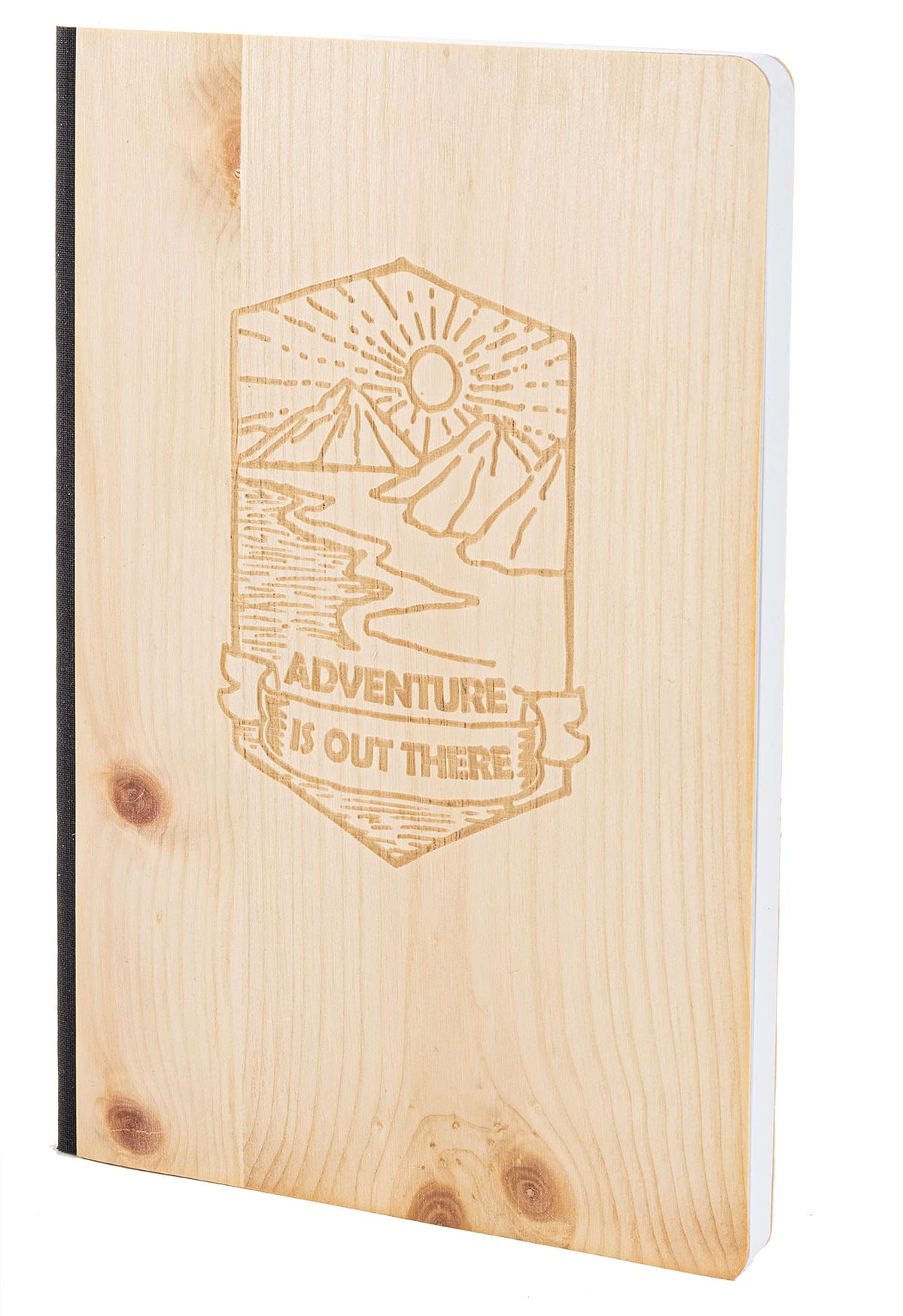 Notizbuch mit Holz Cover in A5 - ADVENTURE IS OUT THERE - Echtholz Notebook zum Reinschreiben Holzeinband 192 blanko Seiten 90g