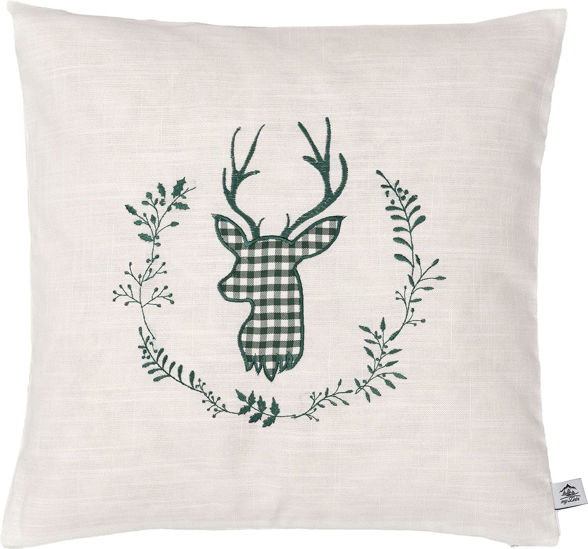Zirbenkissen beige Bestickt mit Hirsch Größe 40x40 cm befüllt mit Zirbenflocken aus Zirbenholz