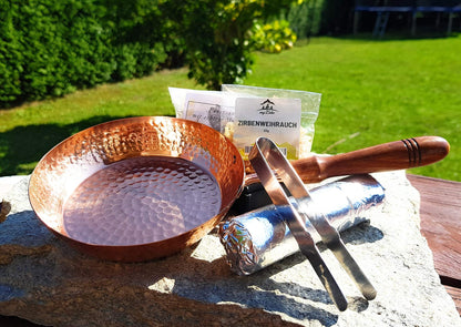 Räucherpfanne Set 5 teilig - Kupfer Räuchergefäß zum Räuchern von Weihrauch, Harzen, inkl. Weihrauch, Räucherkohle, Räuchersand, Räucherzange