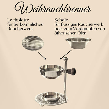 Weihrauchbrenner verstellbar - Räuchergefäß höhenverstellbar zum Räuchern von Weihrauch oder Harzen mit Räuchersieb und Schale