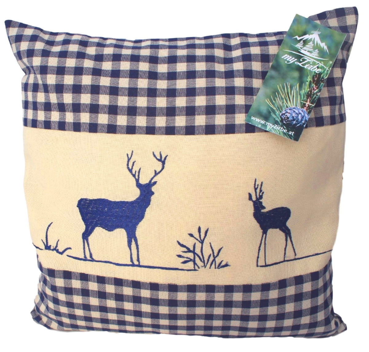 Zirbenkissen blau kariert mit Hirsch Stickerei befüllt mit Zirbenflocken aus 100% Alpen Zirbenholz Größe 40x40 cm