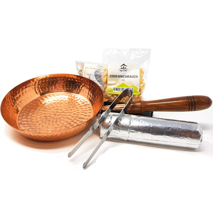 Räucherpfanne Set 5 teilig - Kupfer Räuchergefäß zum Räuchern von Weihrauch, Harzen, inkl. Weihrauch, Räucherkohle, Räuchersand, Räucherzange