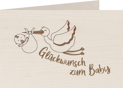 Holzkarte - Glückwunsch zum Baby Storch - 100% handmade in Österreich - Postkarte, Geschenkkarte, Grußkarte, Klappkarte, Karte, Einladung