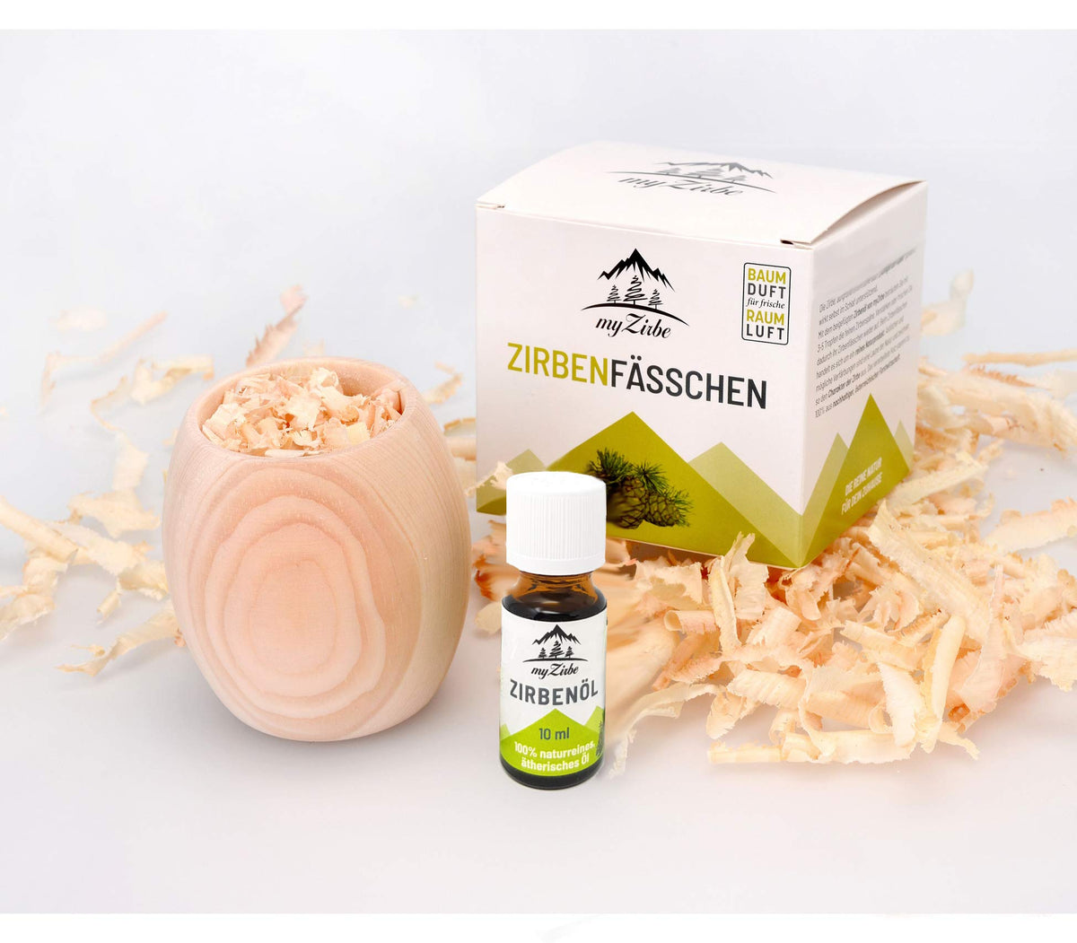Zirbenfässchen - Zirbenholz Duftset mit Zirbenöl und Zirbenspänen in Geschenkverpackung die Alternative zum Zirbenwürfel