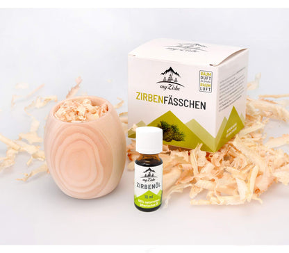 Zirbenfässchen - Zirbenholz Duftset mit Zirbenöl und Zirbenspänen in Geschenkverpackung die Alternative zum Zirbenwürfel