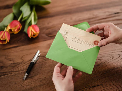 Geburtstagskarte aus Holz - Happy Birthday - 100% handmade in Österreich - Postkarte, Geschenkkarte, Grußkarte, Klappkarte, Karte, Einladung