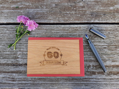 Holzgrußkarte - Geburtstagskarte - 100% handmade in Österreich - Postkarte Glückwunschkarte Geschenkkarte Grußkarte Klappkarte Karte Einladung, Motiv:60 GEBURTSTAG EICHE