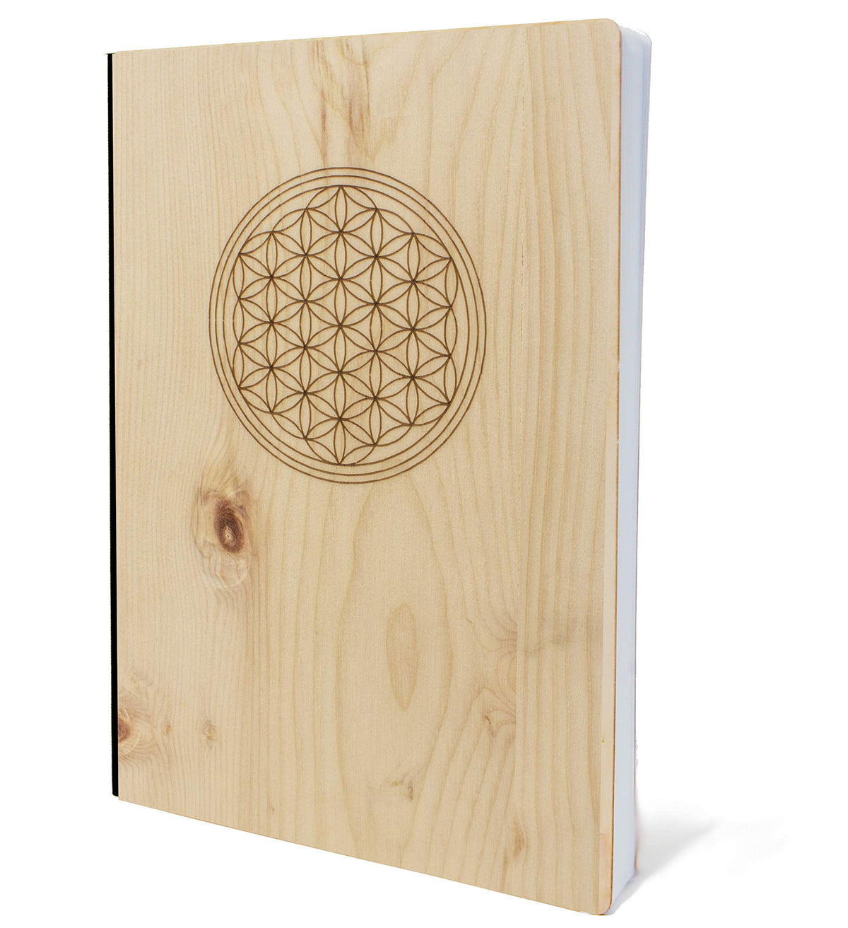Notizbuch mit Holz Cover in A5 - BLUME DES LEBENS - Echtholz Notebook zum Reinschreiben Zirbenholz Holzeinband 192 blanko Seiten 90g