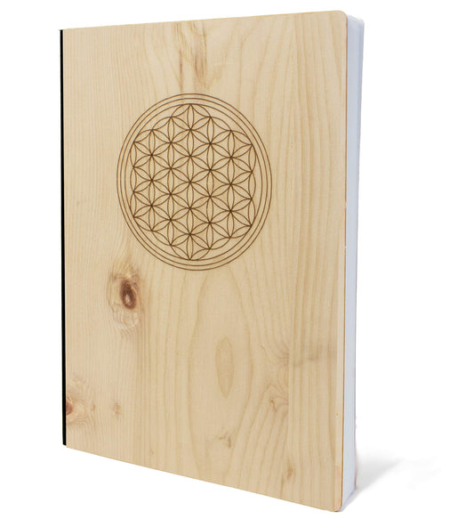 Notizbuch mit Holz Cover in A5 - BLUME DES LEBENS - Echtholz Notebook zum Reinschreiben Zirbenholz Holzeinband 192 blanko Seiten 90g