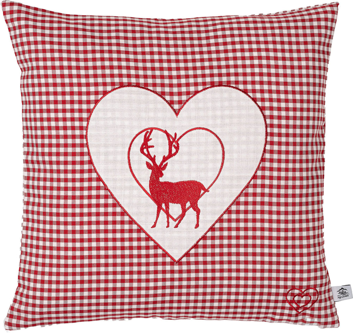 Zirbenkissen Bestickt mit Hirsch und Herz rot karriert Größe 40x40 cm befüllt mit Zirbenflocken aus Zirbenholz