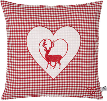 Zirbenkissen Bestickt mit Hirsch und Herz rot karriert Größe 40x40 cm befüllt mit Zirbenflocken aus Zirbenholz