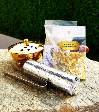 Räucherpfanne Set 5 teilig Räuchergefäß zum Räuchern von Weihrauch, Harzen, inkl. Weihrauch, Räucherkohle, Räuchersand, Räucherzange
