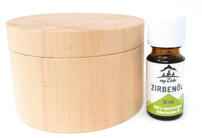 Zirben Duftset mit Zirbeholz Schale verschließbar, Zirbenspänen aus Zirbenholz und 10ml Zirbenöl
