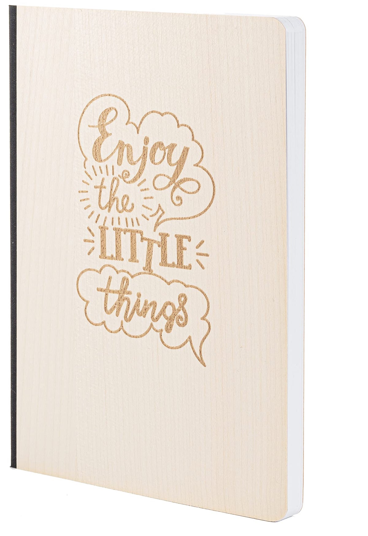 Notizbuch mit Holz Cover in A5 - ENJOY THE LITTLE THINGS - Echtholz Notebook zum Reinschreiben Holzeinband 192 blanko Seiten 90g