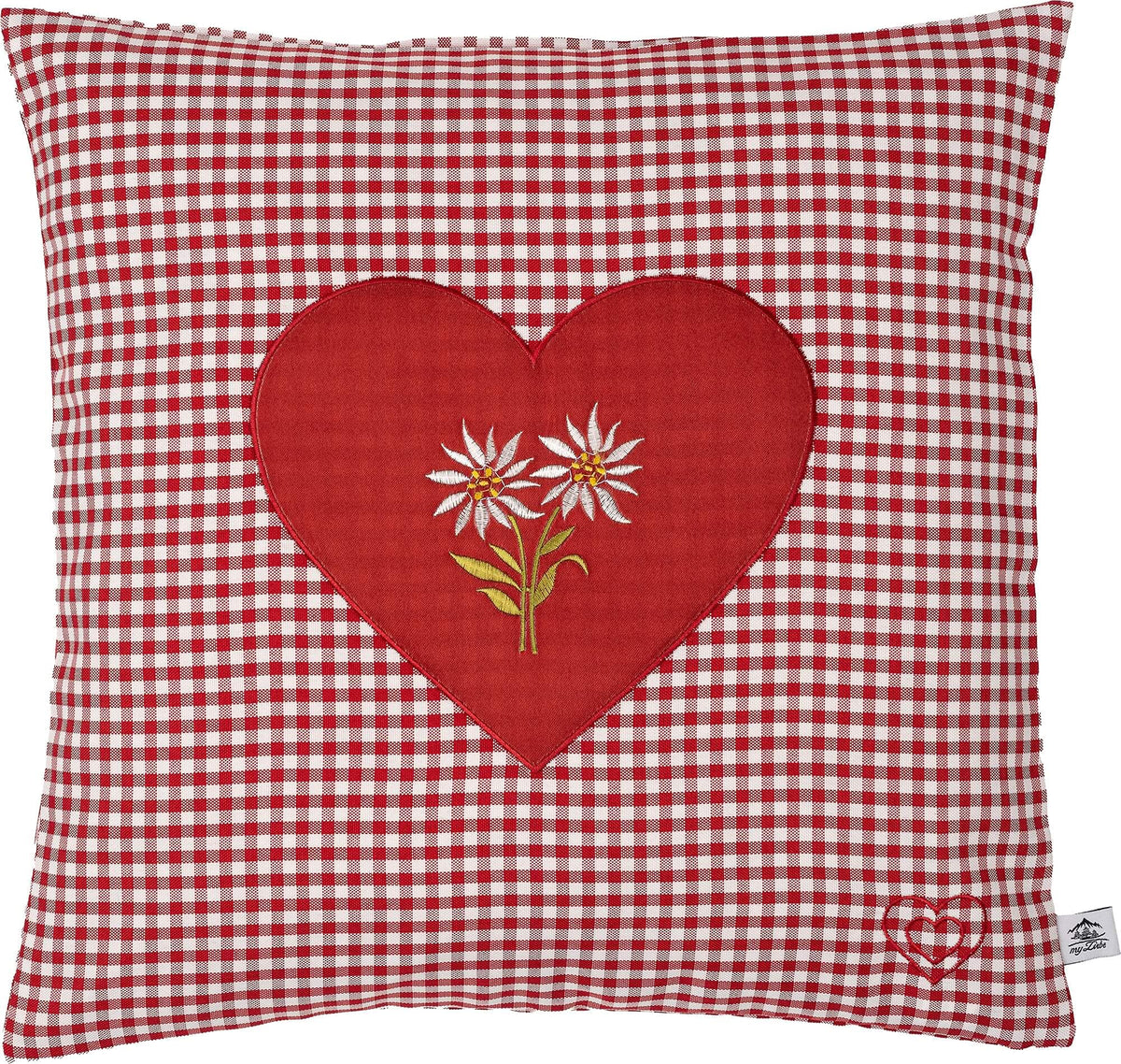 Zirbenkissen Bestickt mit Herz und Edelweiss rot karriert Größe 40x40 cm befüllt mit Zirbenflocken aus Zirbenholz
