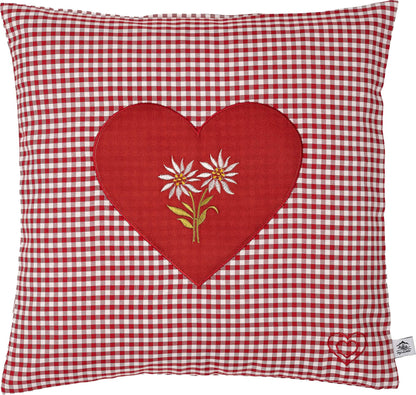 Zirbenkissen Bestickt mit Herz und Edelweiss rot karriert Größe 40x40 cm befüllt mit Zirbenflocken aus Zirbenholz