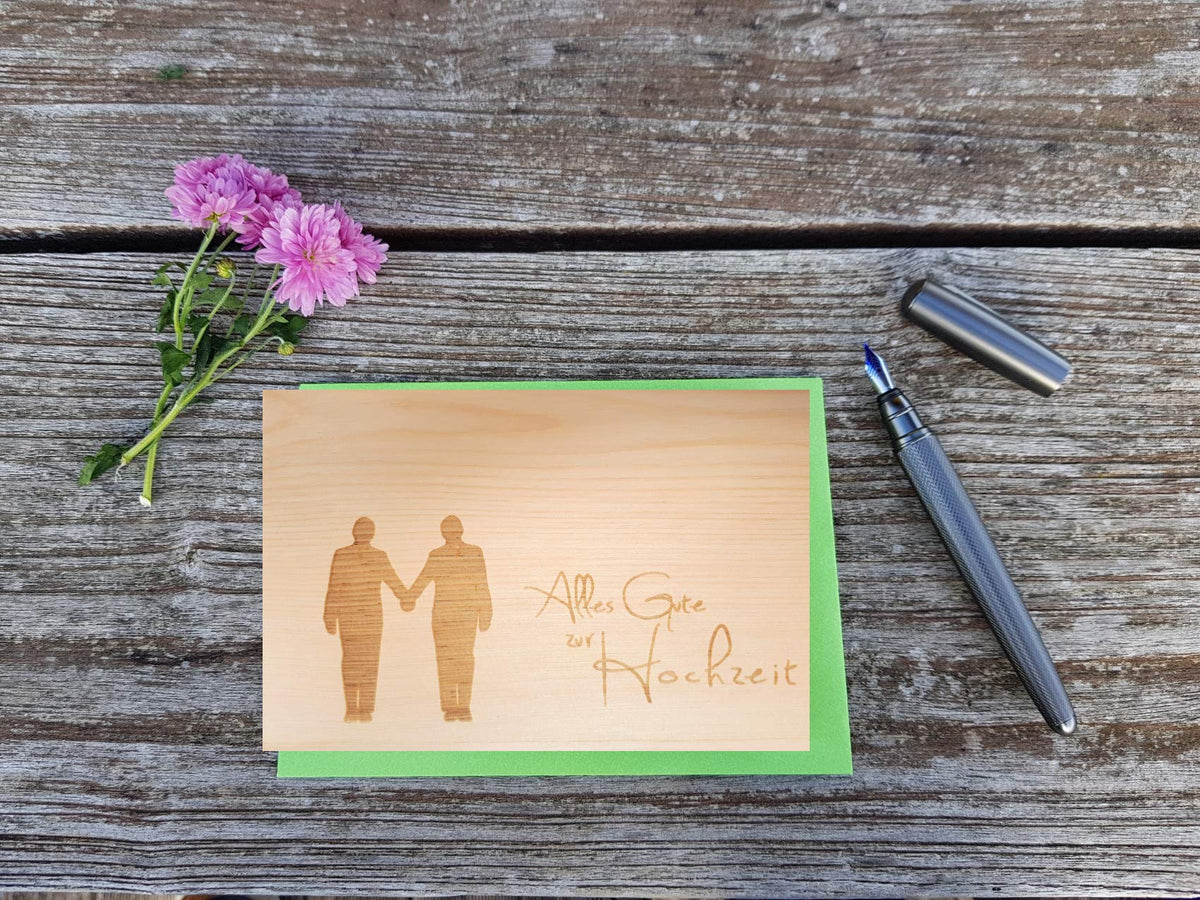 Holzgrußkarte - ALLES GUTE ZUR HOCHZEIT - 100% handmade in Österreich - Postkarte Glückwunschkarte Geschenkkarte Grußkarte Klappkarte Karte Einladung mr gleichgeschlechtlich