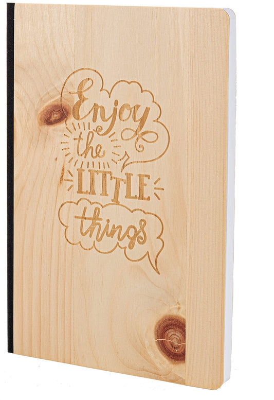 Notizbuch mit Holz Cover in A5 - ENJOY THE LITTLE THINGS - Echtholz Notebook zum Reinschreiben Holzeinband 192 blanko Seiten 90g