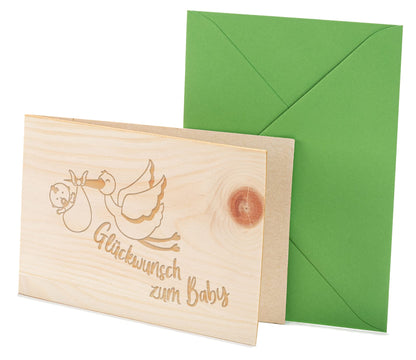 Holzkarte - Glückwunsch zum Baby Storch - 100% handmade in Österreich - Postkarte, Geschenkkarte, Grußkarte, Klappkarte, Karte, Einladung