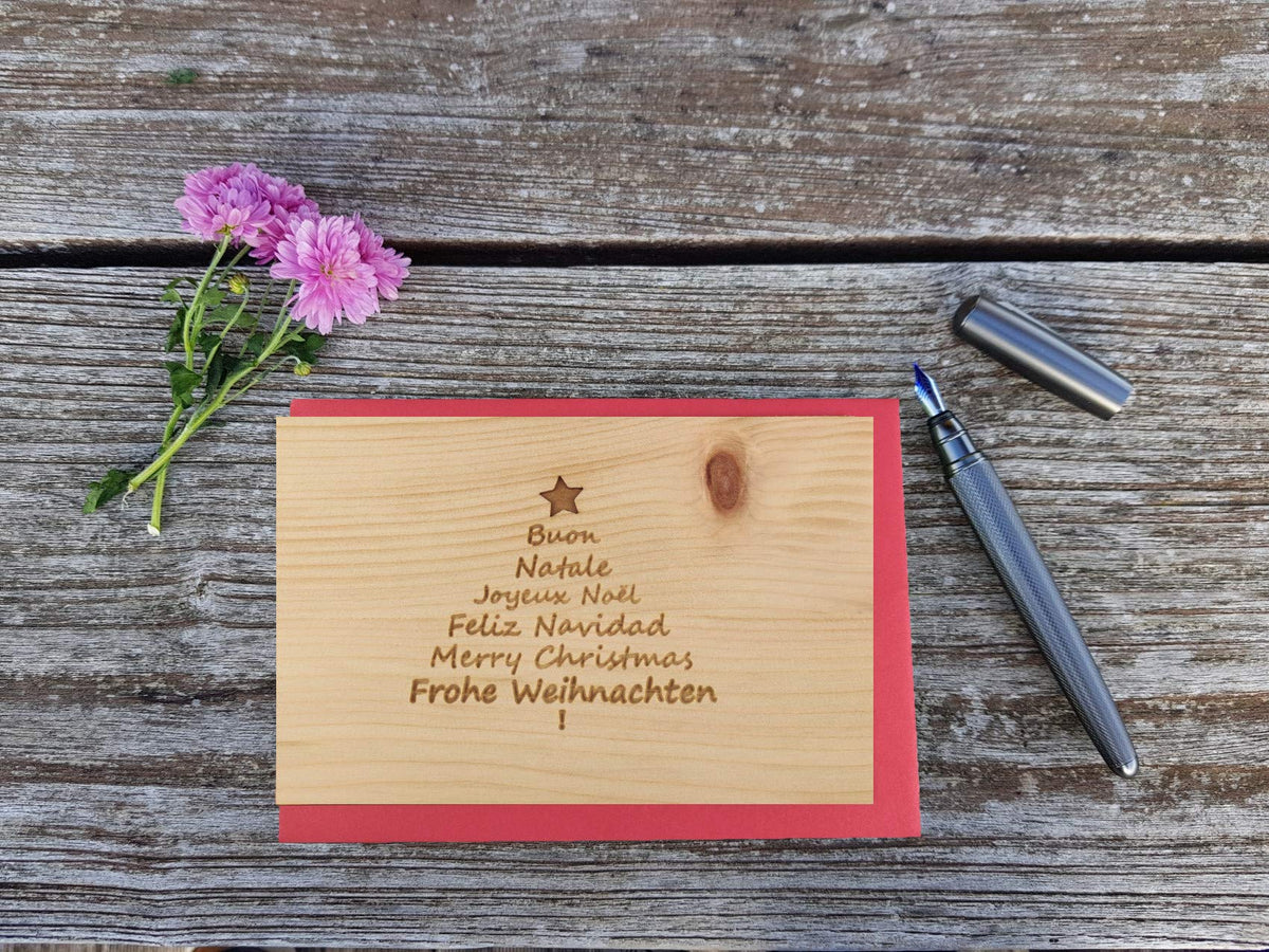 Holzgrußkarte - Frohe Weihnachten - 100% handmade in Österreich - Postkarte, Geschenkkarte, Grußkarte, Klappkarte, Karte, Einladung