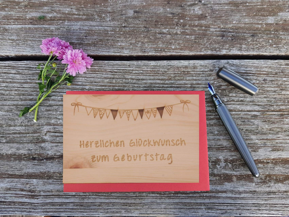 Holzgrußkarte - Herzlichen Glückwunsch zum Geburtstag - 100% handmade in Österreich - Postkarte, Geschenkkarte, Grußkarte, Klappkarte, Karte, Einladung, Glückwunschkarte