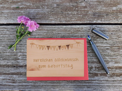Holzgrußkarte - Herzlichen Glückwunsch zum Geburtstag - 100% handmade in Österreich - Postkarte, Geschenkkarte, Grußkarte, Klappkarte, Karte, Einladung, Glückwunschkarte